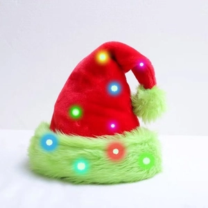 Neon green and red plush Christmas hat with colorful LED lights for festive party decor