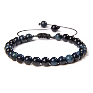 6mm blue tiger eye stone beaded bracelet with adjustable black braided cord