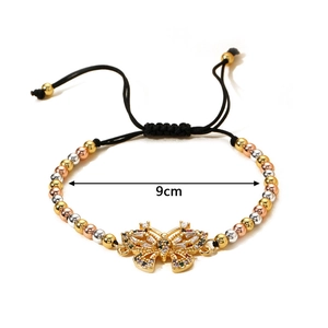 Adjustable woven butterfly bracelet with tricolor beads and micro-pave zircon charms