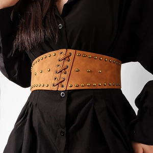 Brown faux leather corset belt with trendy rivets and lace-up design for women's coats