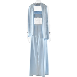 Detailed view of light blue halter neck top with lace splicing and matching scarf set
