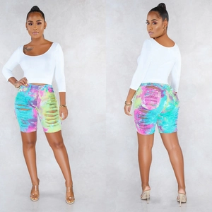 Women Tie Dye Ripped Denim Shorts High Waisted Distressed Cotton Streetwear Casual Raw Hem Bermuda Shorts
