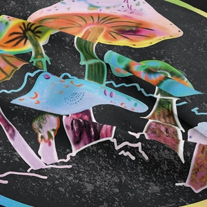 Close-up of the psychedelic mushroom pattern on high-quality printed tapestry fabric
