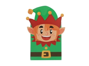Detailed view of green Christmas elf candy box with cartoon face and red collar detail
