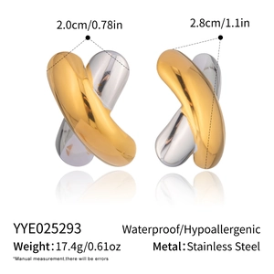 Detailed view of two-tone X-shaped earrings with dimension labels and product specs