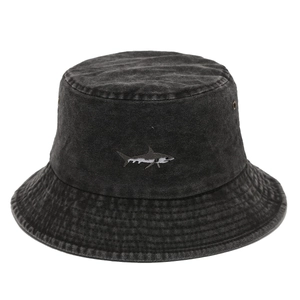 Washed black denim bucket hat with shark embroidery and breathable eyelets for outdoors