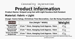 Tableau des tailles pour gnomes de Noël lumineux avec dimensions détaillées de 31x10cm
