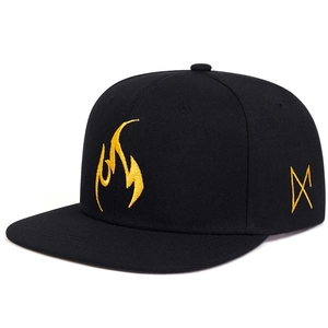 Detail of yellow flame embroidery on high-quality black hip-hop snapback baseball cap