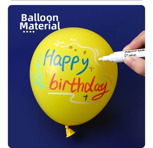 White oil-based marker pen writing Happy Birthday on a bright yellow balloon surface