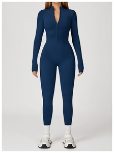 Close-up of dark blue long sleeve yoga bodysuit with zipper and slim fit design
