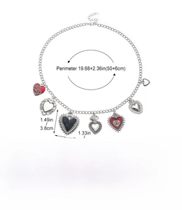 Size guide for vintage heart pendant necklace featuring alloy material and dimensions