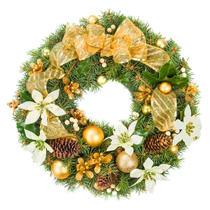 Classic green Christmas wreath with gold balls, pine cones, and white poinsettia flowers
