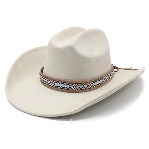Classic cream suede western cowboy hat with a bohemian woven band on a white background