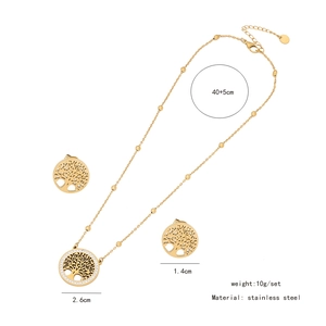 Detail view of tree of life jewelry set including pendant size and chain length specifications