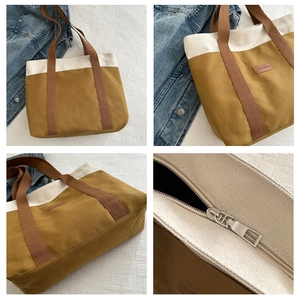 Detailed views of color-block canvas tote bag featuring high-density fabric and metal zipper