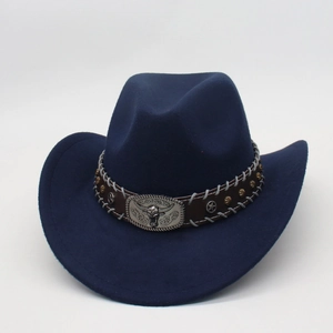 Dark blue felt cowboy hat featuring bull head buckle and silver star rivets