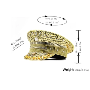 Golden bridal flat top hat with sparkling rhinestones and studs for stage performances