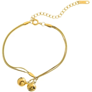Elegant gold double-layer snake chain bracelet for women featuring two small bells and 18K tag