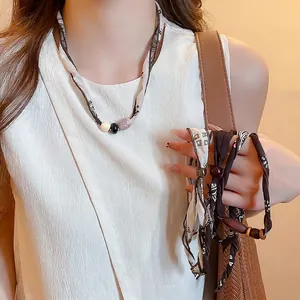 Bohemian Scarf Necklace For Women Printed Fabric Satin Like Wrap Neckwear With Acrylic And Wood Beads Vintage Floral Style