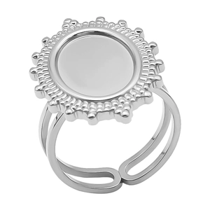 Macro shot of silver sunburst oval ring base with adjustable band for jewelry making