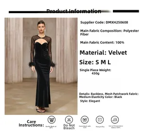 Detail view of black velvet evening dress featuring sheer mesh sleeves and feather cuffs