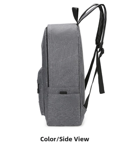 Side view of grey durable canvas backpack showing main compartment and side mesh pocket