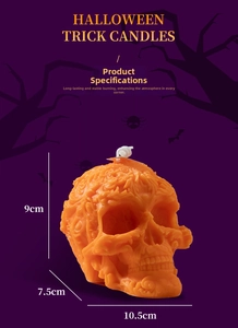 Detailed view of orange Halloween skull candle with intricate patterns and 9cm height