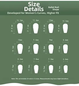 Size chart showing 12 sizes of ballerina press-on nails from 6.6mm to 14.1mm wide
