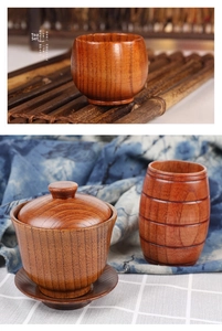 Close-up of handmade jujube wood teacup set showing natural grain and rustic texture