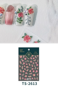Macro detail of 3D embossed red flower nail stickers TS-2613 with textured rose designs