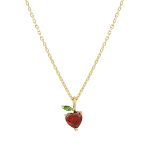Detailed view of apple-shaped necklace with heart-cut red gem and green leaf stone