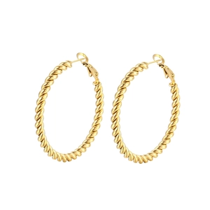 Elegant 18K gold plated stainless steel twisted rope hoop earrings for women on white background