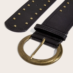 Ceinture punk en cuir noir avec double rangée de rivets et boucle ronde dorée vintage