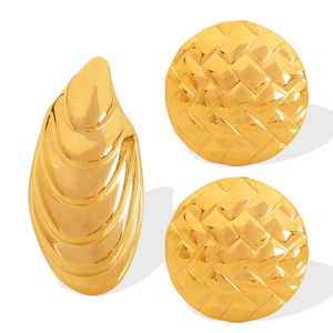 Minimalist gold stainless steel round earrings with textured shell design on white background