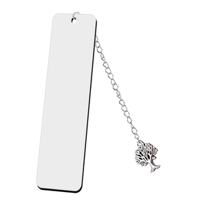 Detailed view of white metal bookmark with tree of life charm and silver chain link