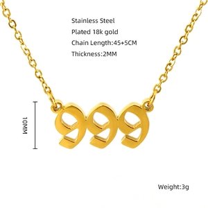 Macro detail of 18k gold plated stainless steel 999 number pendant showing 10mm dimensions