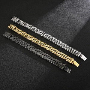 Three men's hip-hop steel bracelets in gold, silver, and grey with floral engravings