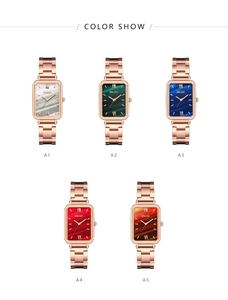 Showcase of five elegant square quartz watches with various color dials and rose gold bands
