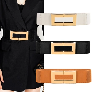 Women Wide Elastic Corset Belt PU Leather Waistband With Gold Square Metal Buckle Fashion Dress Suit Waist Accessory