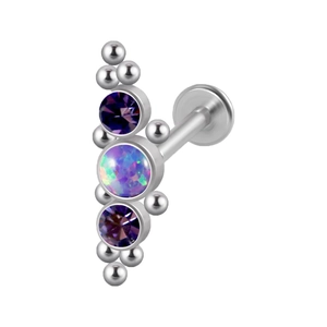 16G stainless steel labret stud with purple crystals and central opal stone design