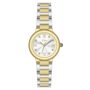 Montre Scottie élégante bicolore or et argent avec cadran blanc et cristaux scintillants
