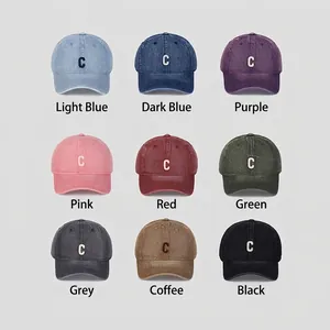 Washed denim baseball caps featuring letter C embroidery in nine diverse vintage colors