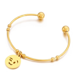 Stainless Steel Open Bangle Bracelet With Wink Face Smile Emoji Pendant Beaded Minimalist Trendy Jewelry For Women