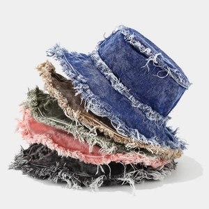 Washed Denim Bucket Hat Frayed Edges Distressed Streetwear Hip Hop Wide Brim Sun Protection Vintage Outdoor Basin Cap
