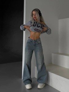 Jean Denim Femme Taille Haute Jambe Large Bleu Délavé Pur Coton Streetwear Décontracté Pantalon Long Ample