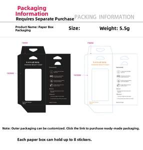 Detail of 3D gold nail sticker packaging box measuring 78mm x 160mm for 8 sheets