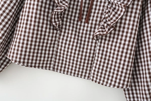 Detail shot of brown and white gingham blouse with ruffled edges and lace-up neck design