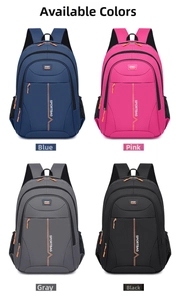 Waterproof travel backpacks shown in blue, rose red, grey, and black with mesh side pockets