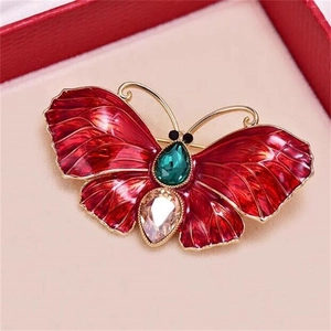 Broche papillon vintage en émail avec ailes rouges et pierres précieuses en coffret