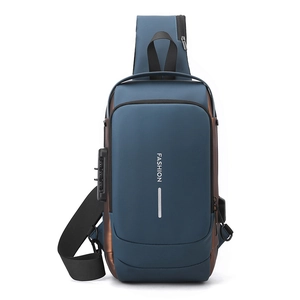 Waterproof blue chest bag detail with anti-theft lock, USB port and fashion logo